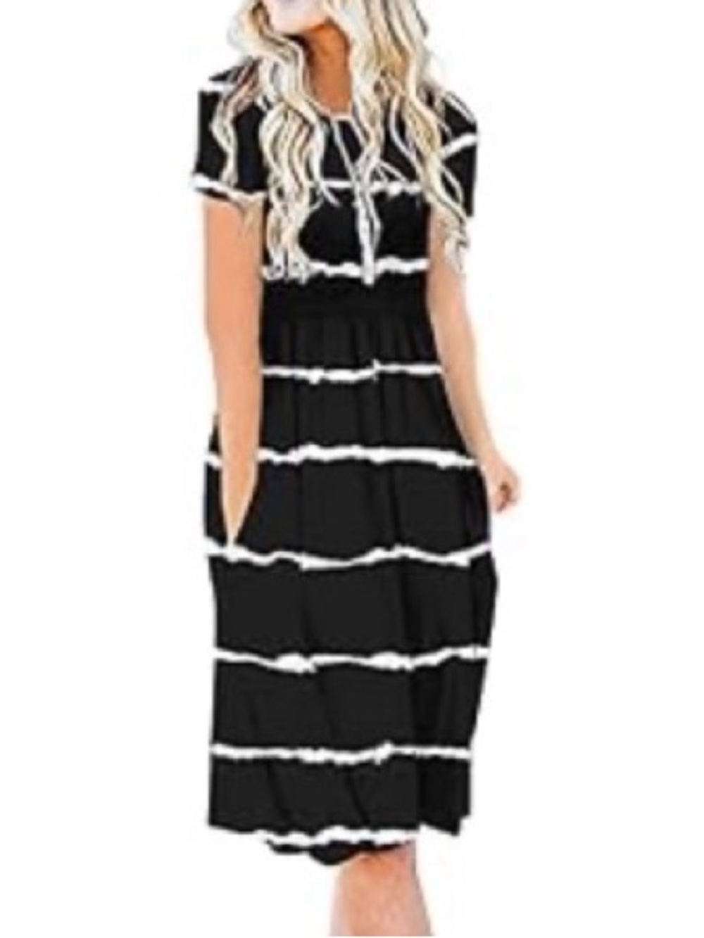 DB MOON Black & White Striped Women’s Casual Midi Dress